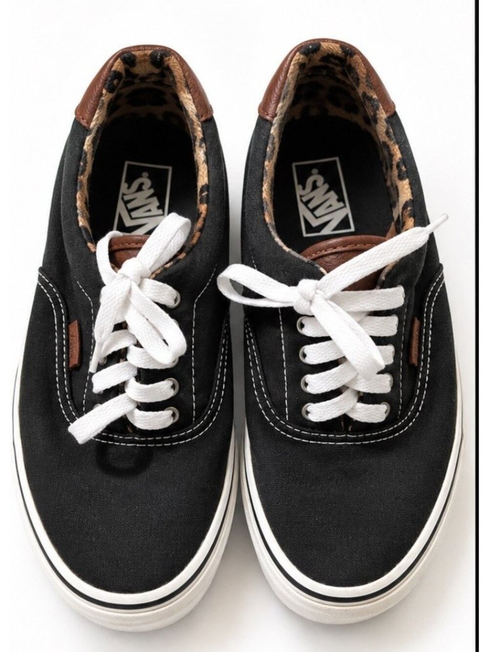 Vans Old Skool Trainers 8.5 Black Canvas Leopard Print Trim Lace Up Sneakers